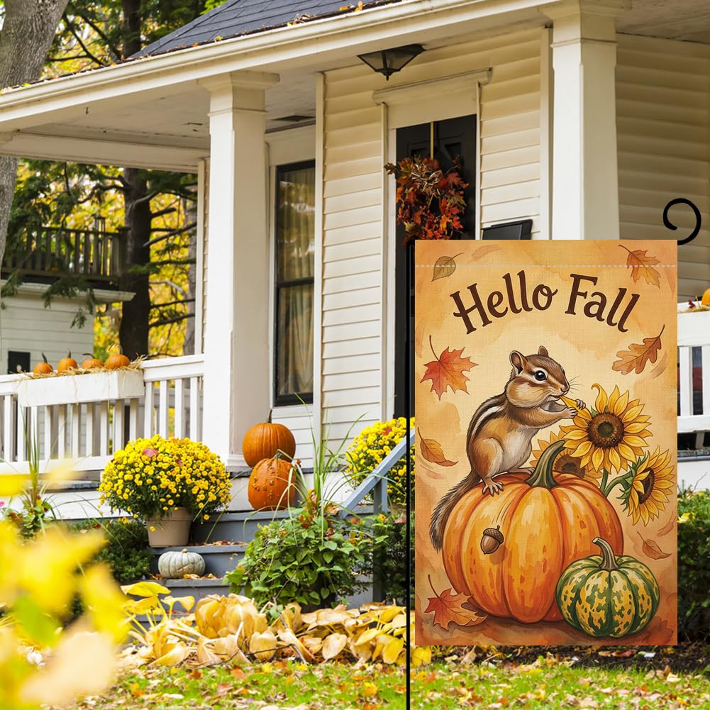 Fall Hello Fall Chipmunk Garden Flag 12x18 Pumpkin Sunflowers Yard Decor