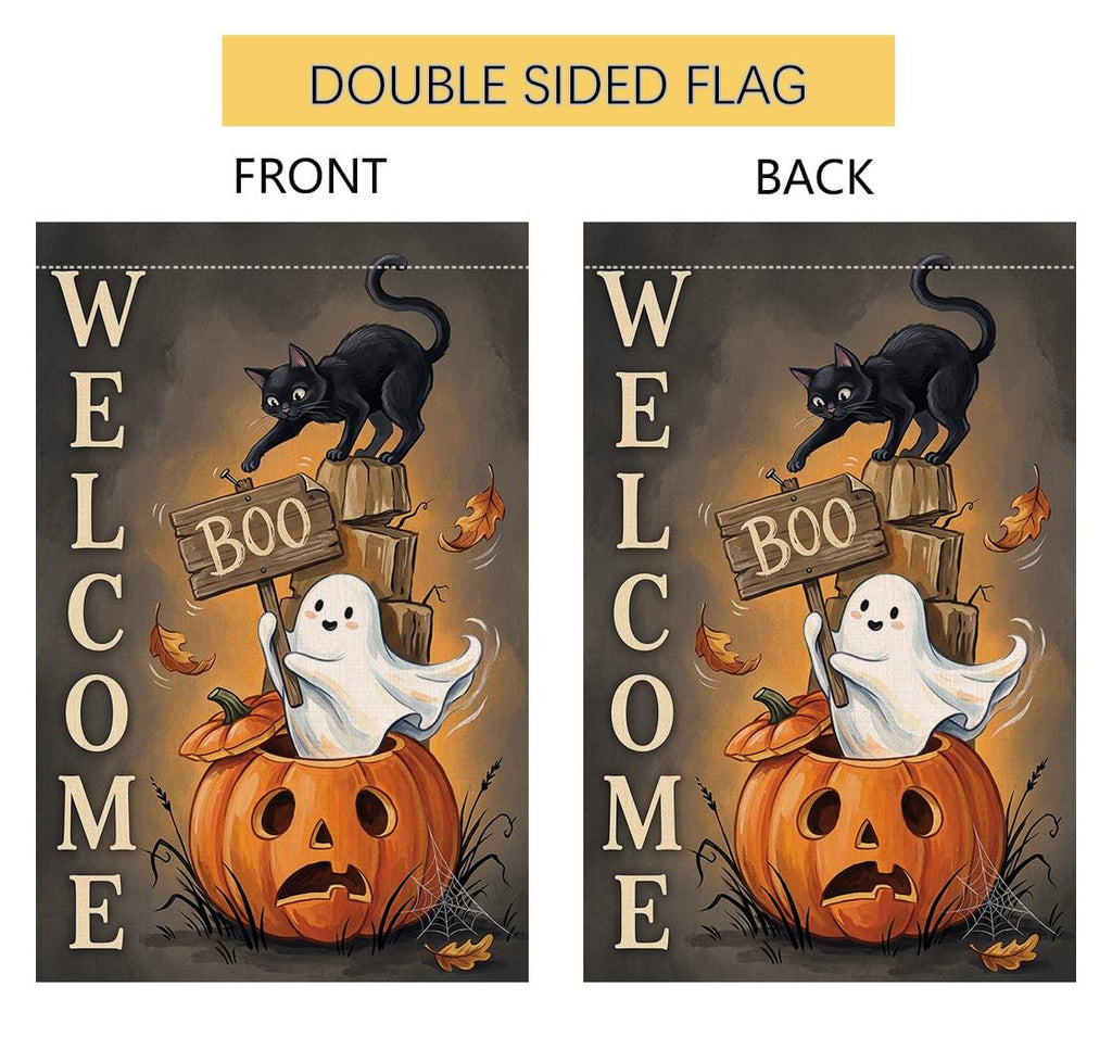 Halloween Welcome Boo Black Cat Garden Flag 12x18 Jack-o-Lantern Yard Decor