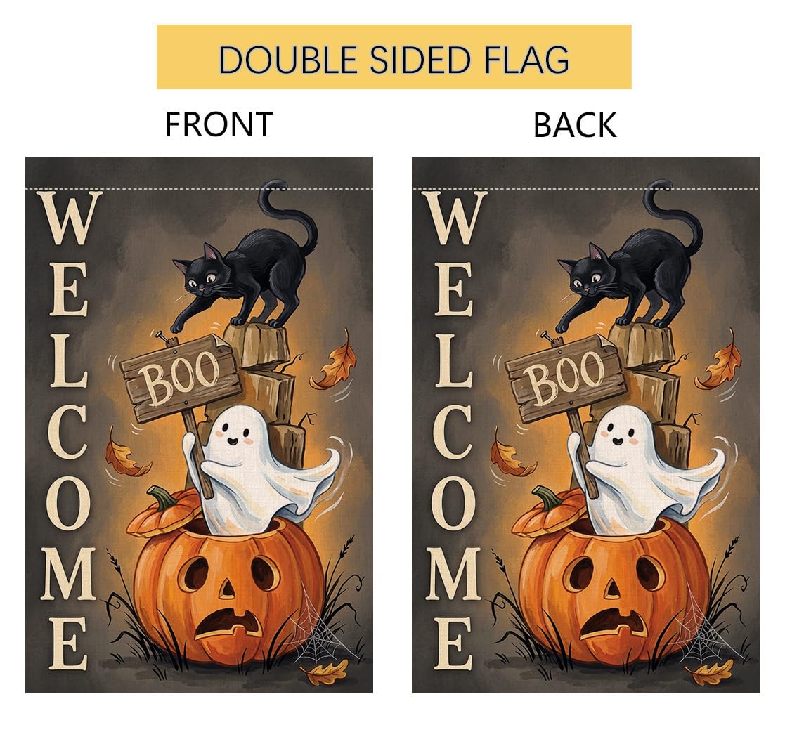 Halloween Welcome Boo Black Cat Garden Flag 12x18 Jack-o-Lantern Yard Decor