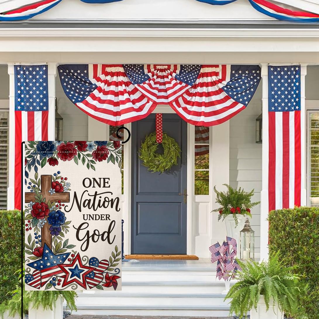 4th of July Floral Garden Flag 12x18 Vertical Double Sided One Nation Under God Red Blue Flowers Memorial Day Independence Day Holiday Outside Decorations Burlap Yard Flag