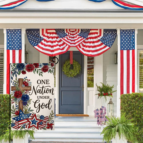 4th of July Floral Garden Flag 12x18 Vertical Double Sided One Nation Under God Red Blue Flowers Memorial Day Independence Day Holiday Outside Decorations Burlap Yard Flag