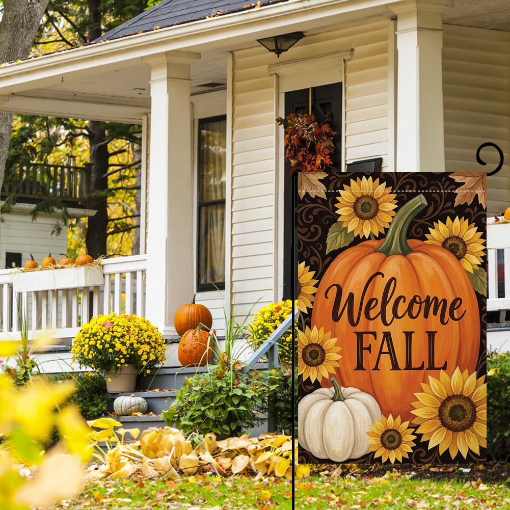 Fall Welcome Pumpkin Garden Flag 12x18 Sunflowers White Pumpkin Yard Decor
