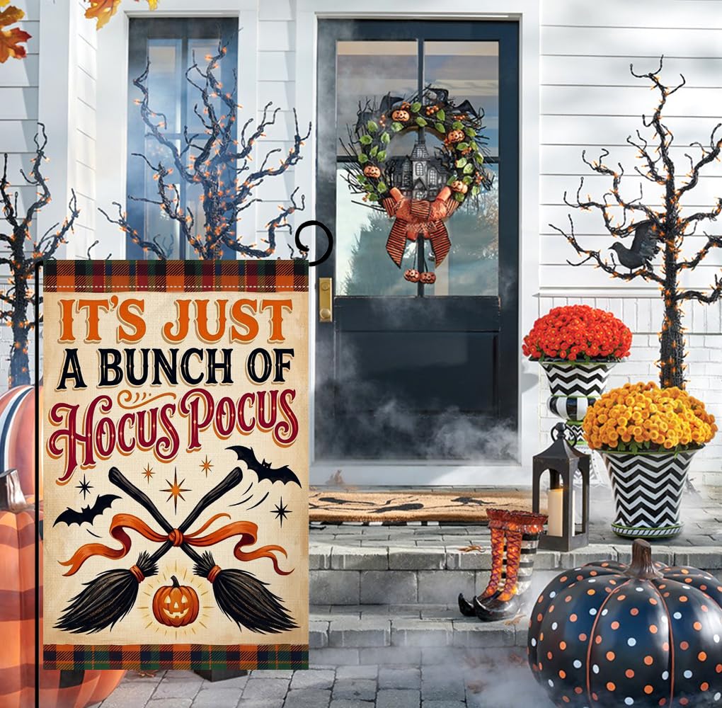 Fall Halloween Hocus Pocus Garden Flag 12x18 Witch Brooms Bats Yard Decor