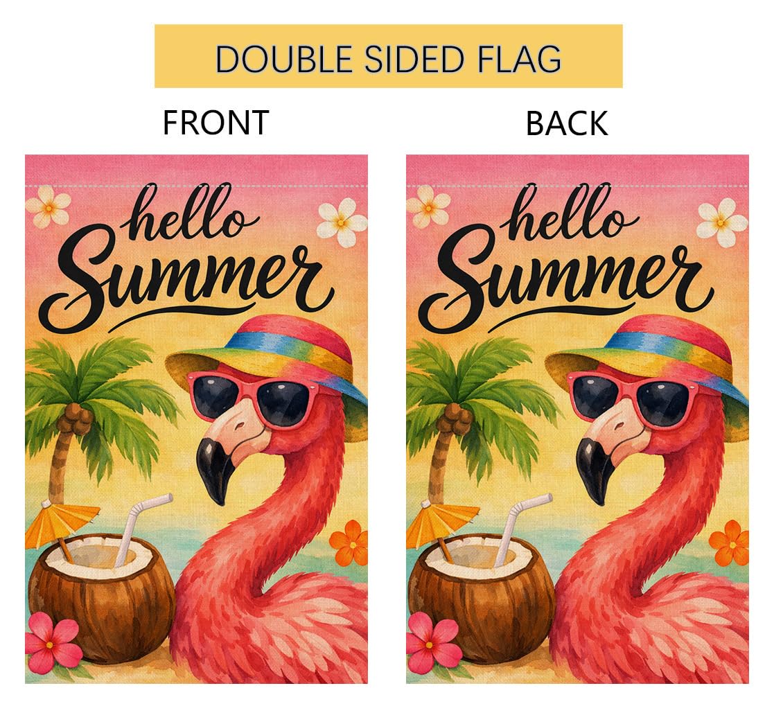 Hello Summer Flamingo Garden Flag 12x18 Vertical Double Sided Welcome Beach Seasonal Holiday Outside Decorations Burlap Yard Flag