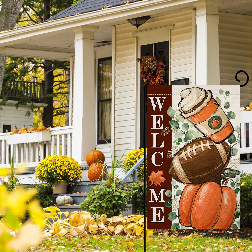 Fall Football Pumpkin Garden Flag 12x18 Vertical Double Sided Maple Leaves Welcome Autumn Thanksgiving Holiday Outside Decorations Burlap Yard Flag