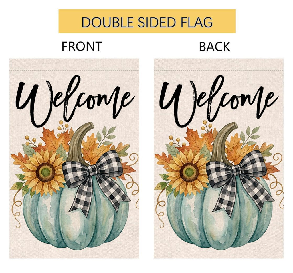 Fall Welcome Teal Pumpkin Garden Flag 12x18 Sunflower Plaid Bow Yard Decor
