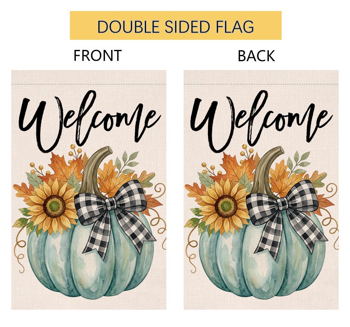 Fall Welcome Teal Pumpkin Garden Flag 12x18 Sunflower Plaid Bow Yard Decor