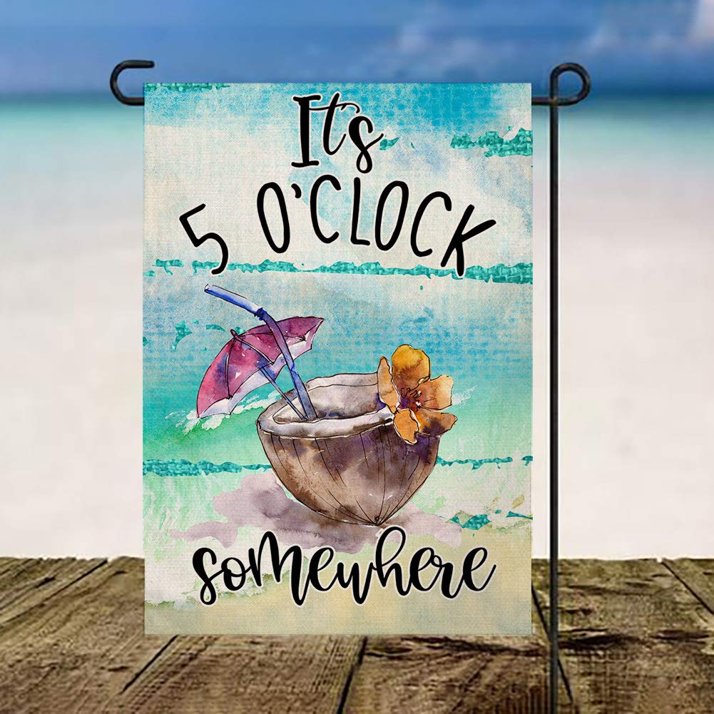 Summer Beach Garden Flag It's 5 O'Clock Somewhere Vertical Double Sided Tropical Fruit Coconut Burlap Yard Outdoor Decor 12.5 x 18 Inches A2152
