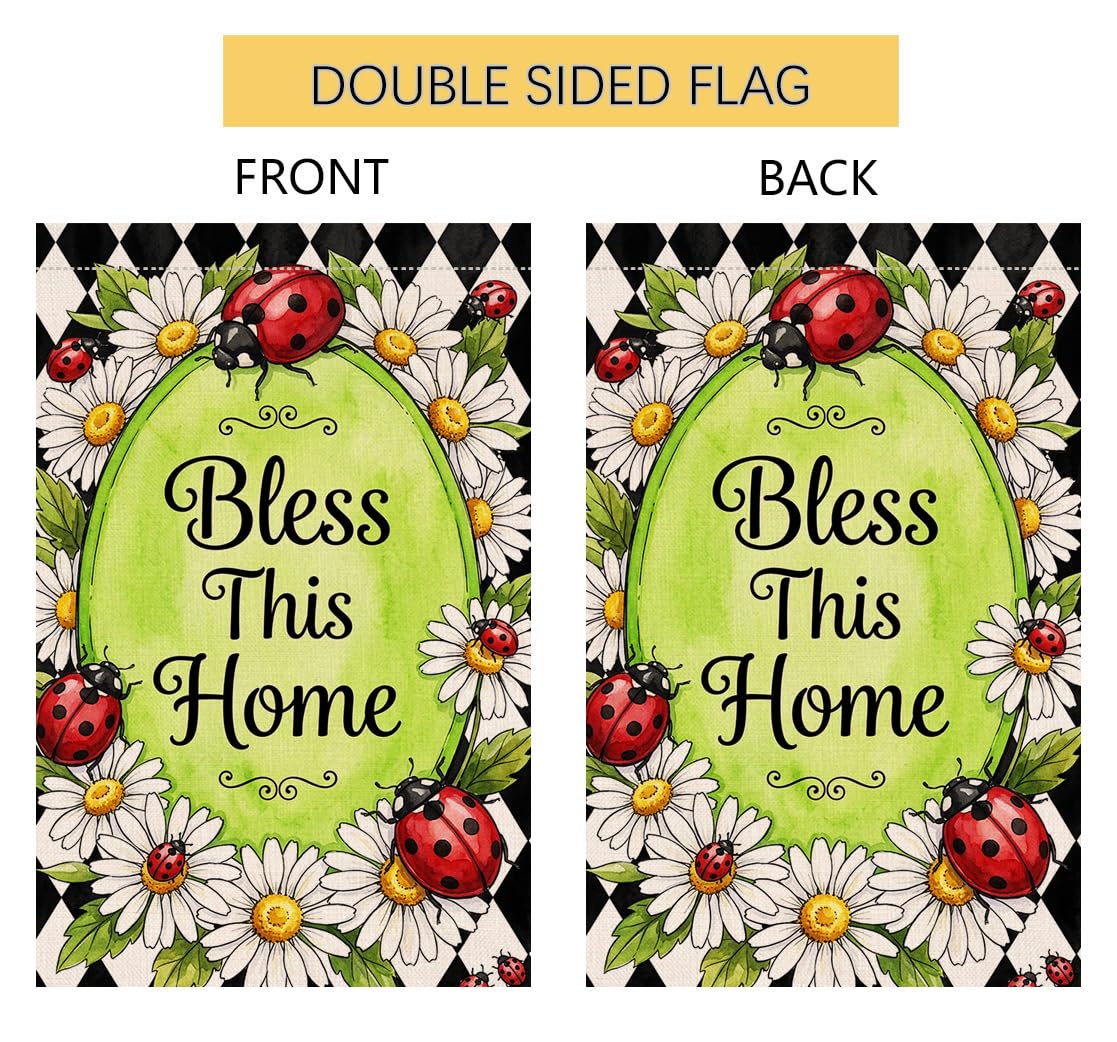 Spring Summer Daisy Garden Flag 12x18 Vertical Double Sided Ladybug Bless This Home Farmhouse Holiday Outside Decorations Burlap Yard Flag