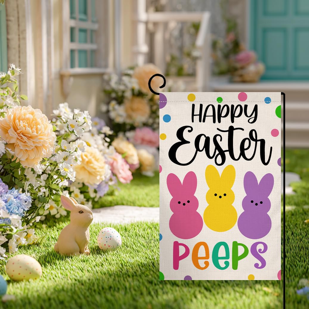 Happy Easter Bunny Garden Flag 12x18 Vertical Double Sided Rabbit Peeps Welcome Spring Farmhouse Holiday Outside Decorations Burlap Yard Flag