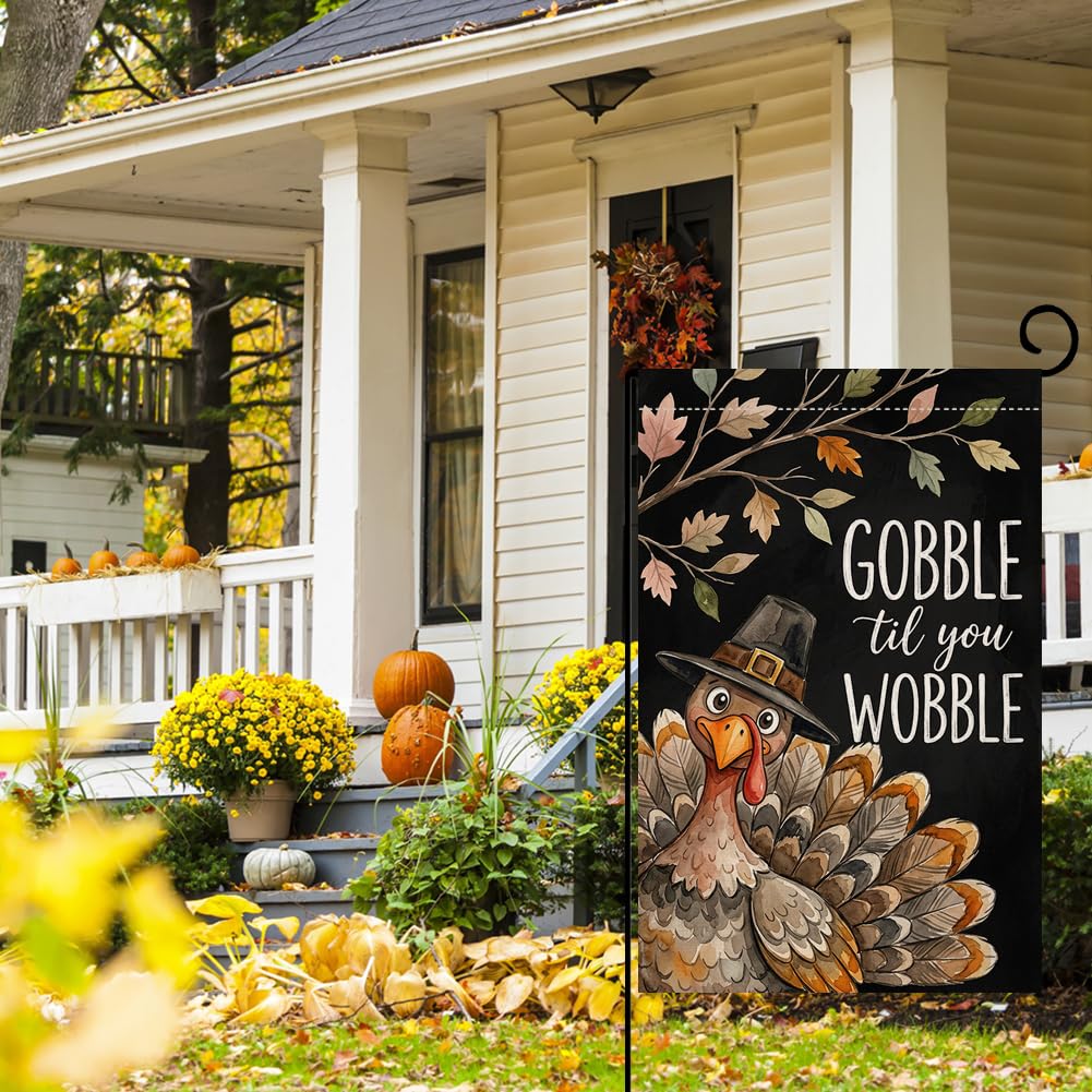 Fall Thanksgiving Gobble til You Wobble Garden Flag 12x18 Turkey Yard Decor
