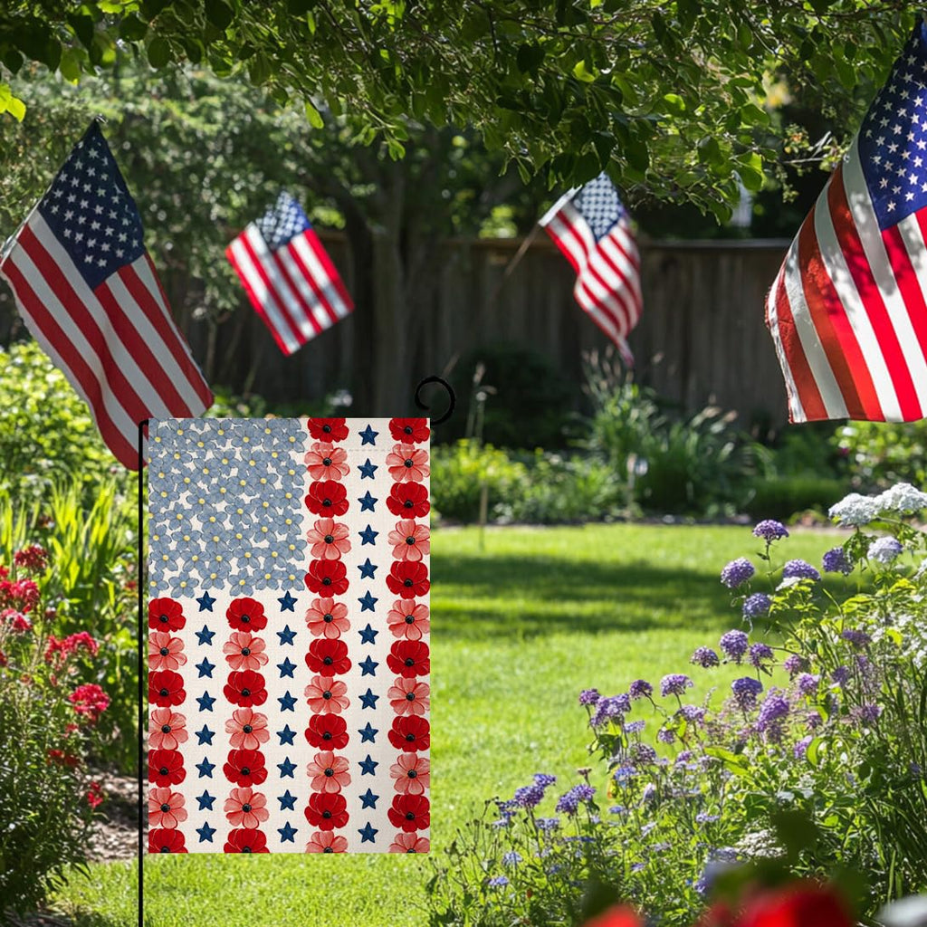 Memorial Day Garden Flag 12x18 Vertical Double Sided Myosotis Poppy 4th of July Banner Patriotic Independence Day Outside Decorations Burlap Yard Flag