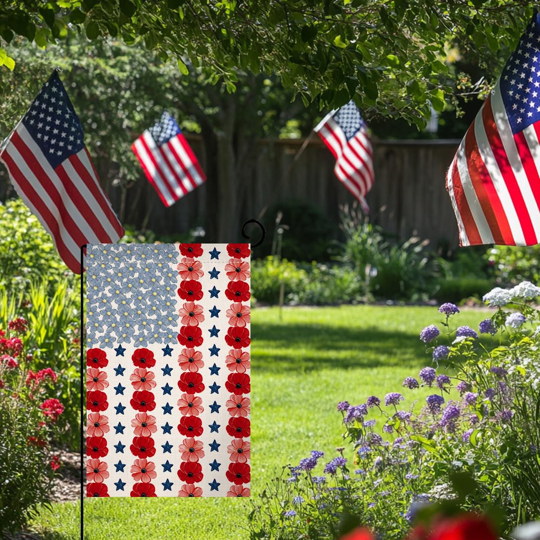 Memorial Day Garden Flag 12x18 Vertical Double Sided Myosotis Poppy 4th of July Banner Patriotic Independence Day Outside Decorations Burlap Yard Flag