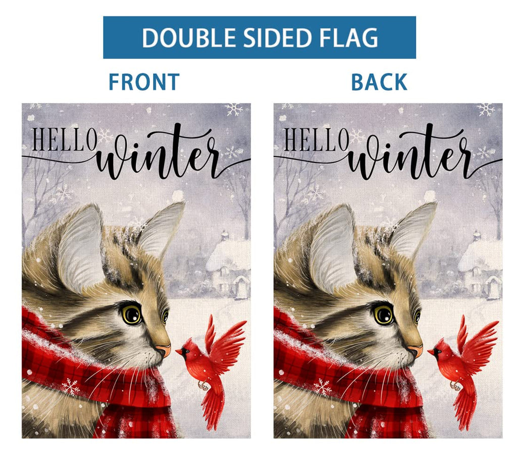 Winter Cat Garden Flag 12x18 Vertical Double Sided Cardinal Bird Snow Christmas Holiday Outside Decorations Burlap Yard Flag