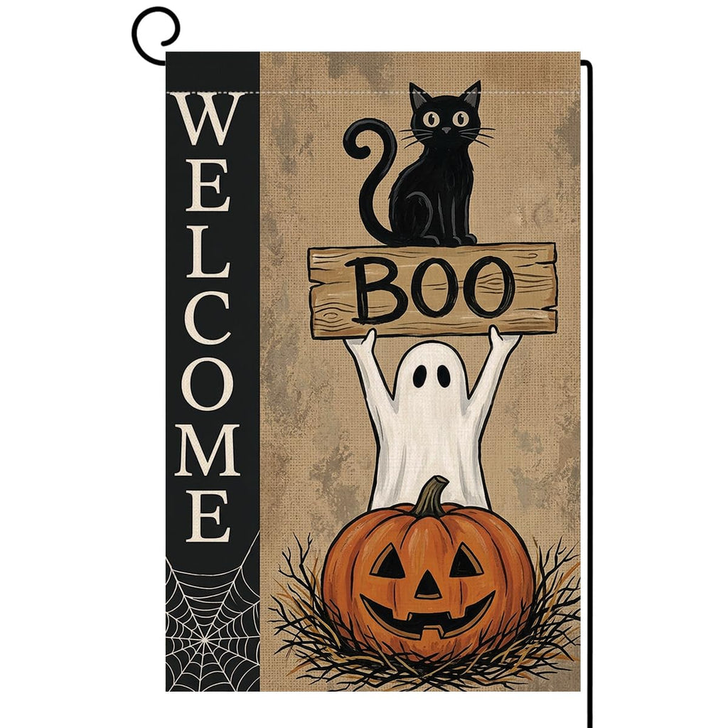 Halloween Welcome Boo Black Cat Garden Flag 12x18 Ghost Pumpkin Yard Decor