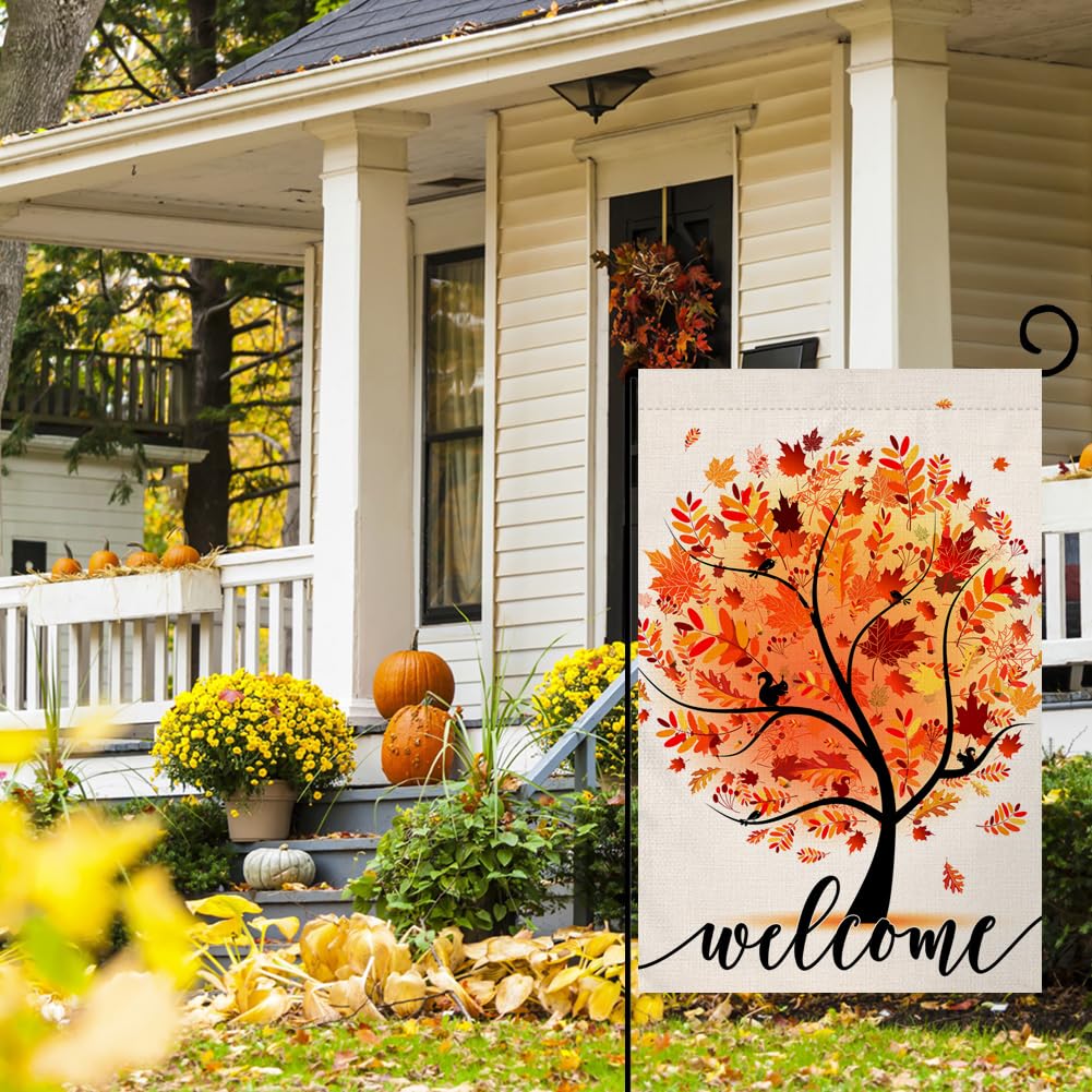 Welcome Fall Tree Garden Flag 12x18 Vertical Double Sided Autumn Maple Leaves Thanksgiving Holiday Outside Decorations Burlap Yard Flag