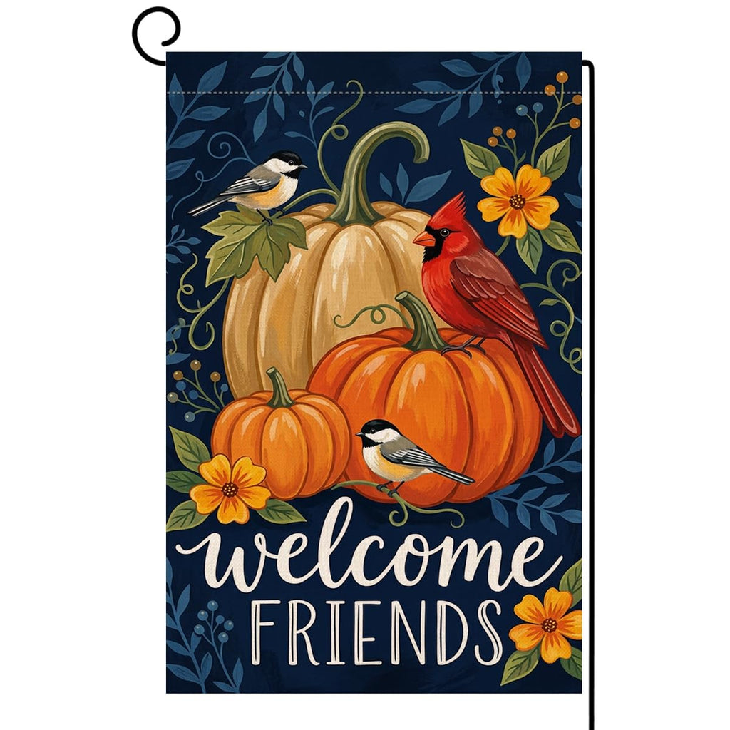 Fall Welcome Friends Pumpkins Garden Flag 12x18 Cardinal Birds Yard Decor