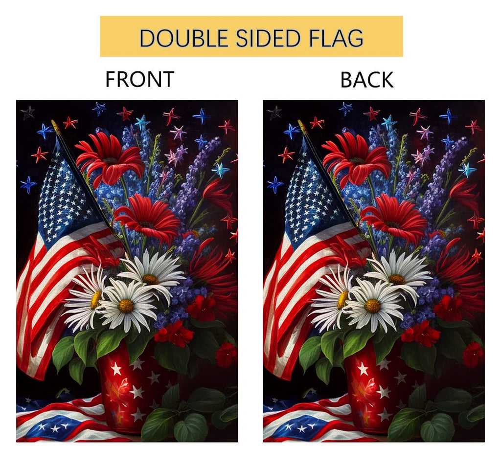 4th of July Floral Garden Flag 12x18 Vertical Double Sided Patriotic USA Flag Red Blue Memorial Day Independence Day Outside Decorations Burlap Yard Flag