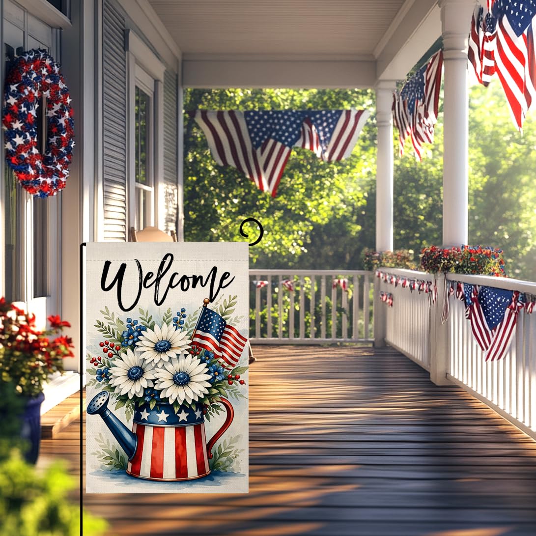 4th of July Floral Garden Flag 12x18 Vertical Double Sided Daisy Flowers Welcome Memorial Day Independence Day Holiday Outside Decorations Burlap Yard Flag