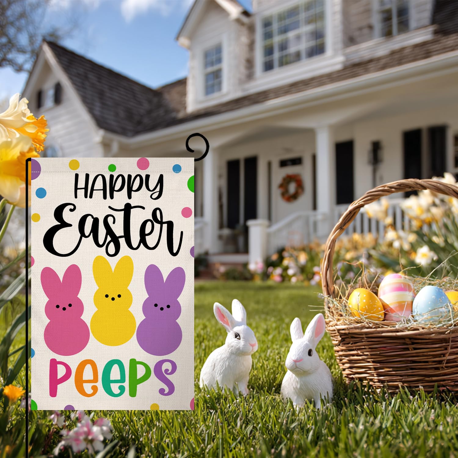 Happy Easter Bunny Garden Flag 12x18 Vertical Double Sided Rabbit Peeps Welcome Spring Farmhouse Holiday Outside Decorations Burlap Yard Flag