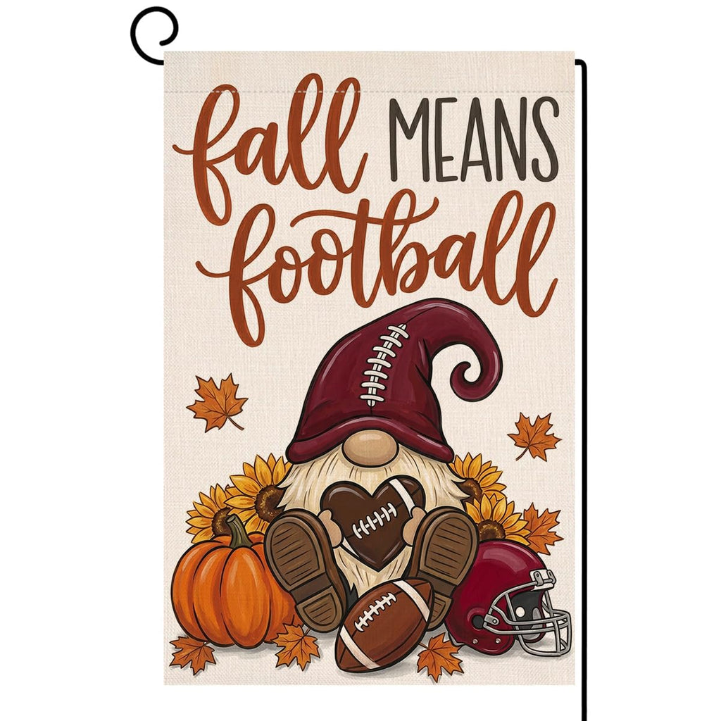 Fall Means Football Gnome Garden Flag 12x18 Pumpkin Helmet Heart Yard Decor