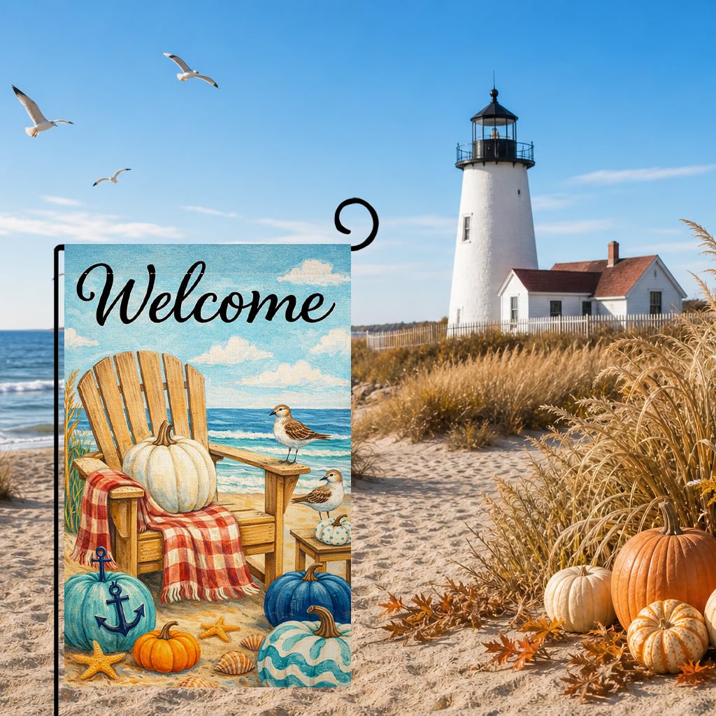 Fall Beach Welcome Pumpkin Garden Flag 12x18 Adirondack Chair Yard Decor