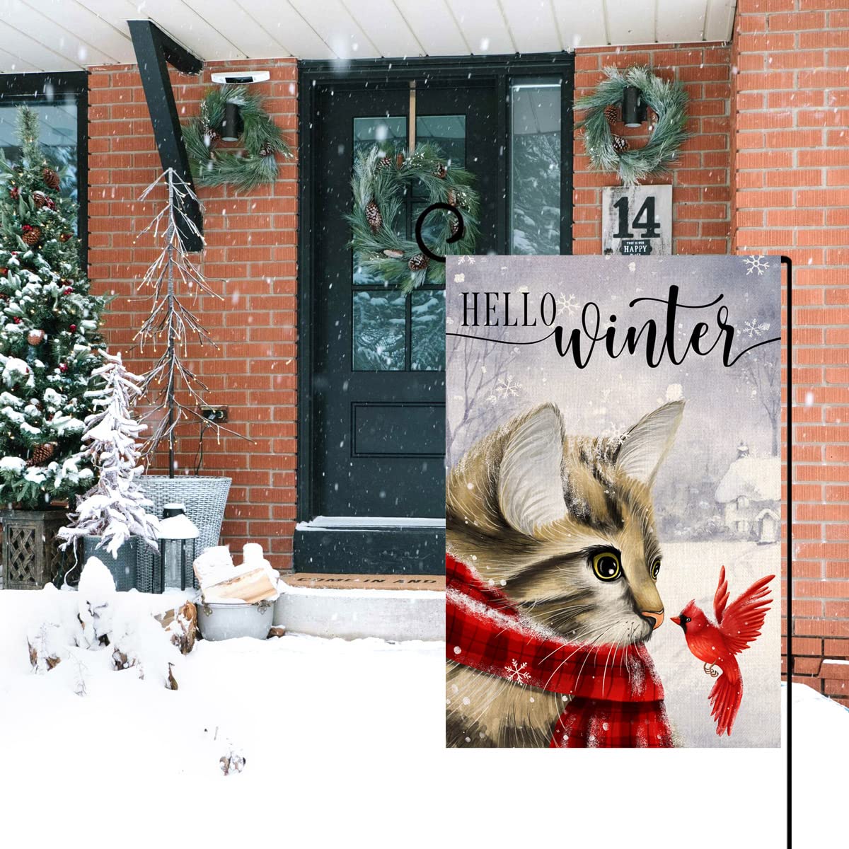 Winter Cat Garden Flag 12x18 Vertical Double Sided Cardinal Bird Snow Christmas Holiday Outside Decorations Burlap Yard Flag