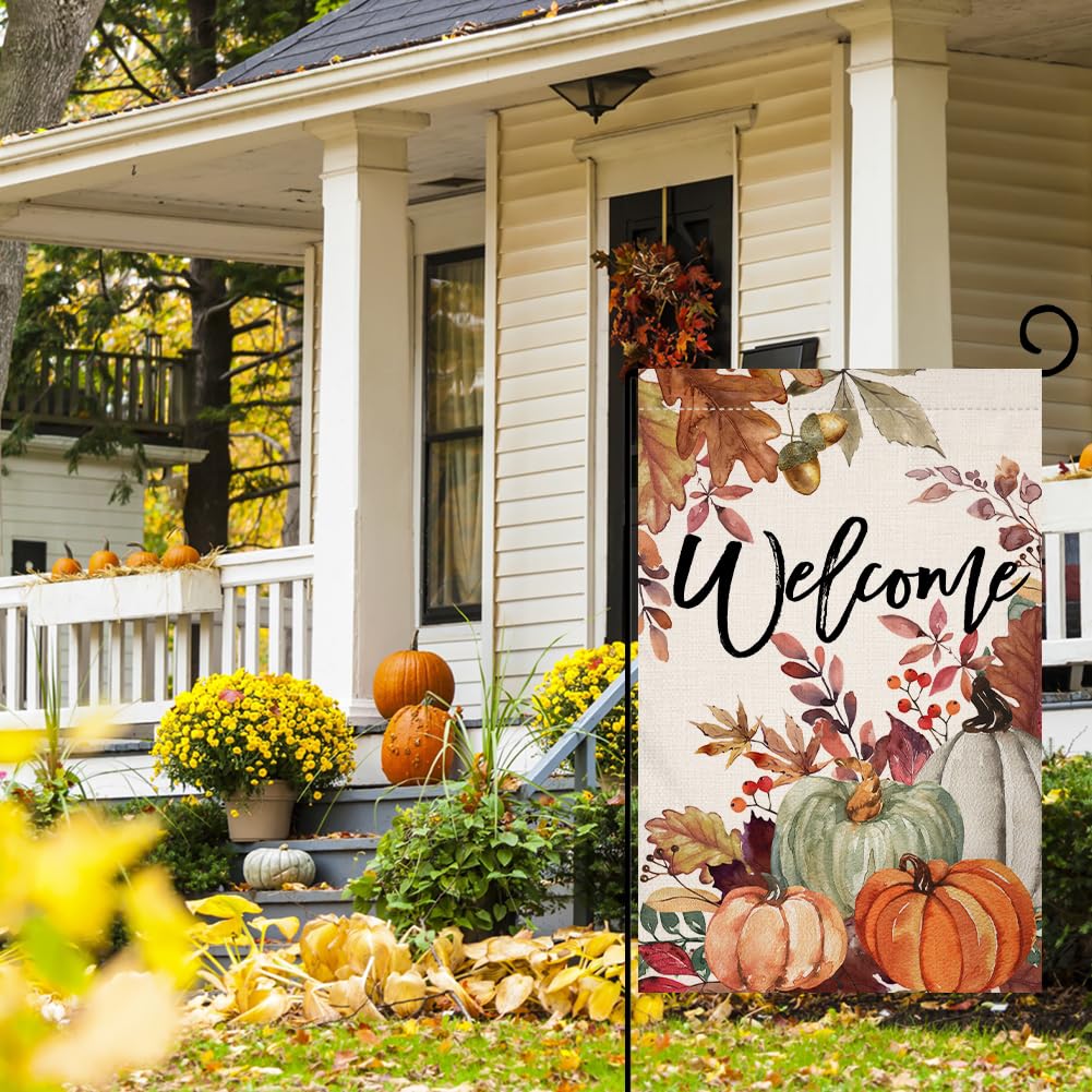 Fall Pumpkin Leaves Garden Flag 12x18 Vertical Double Sided Welcome Autumn Thanksgiving Holiday Outside Decorations Burlap Yard Flag