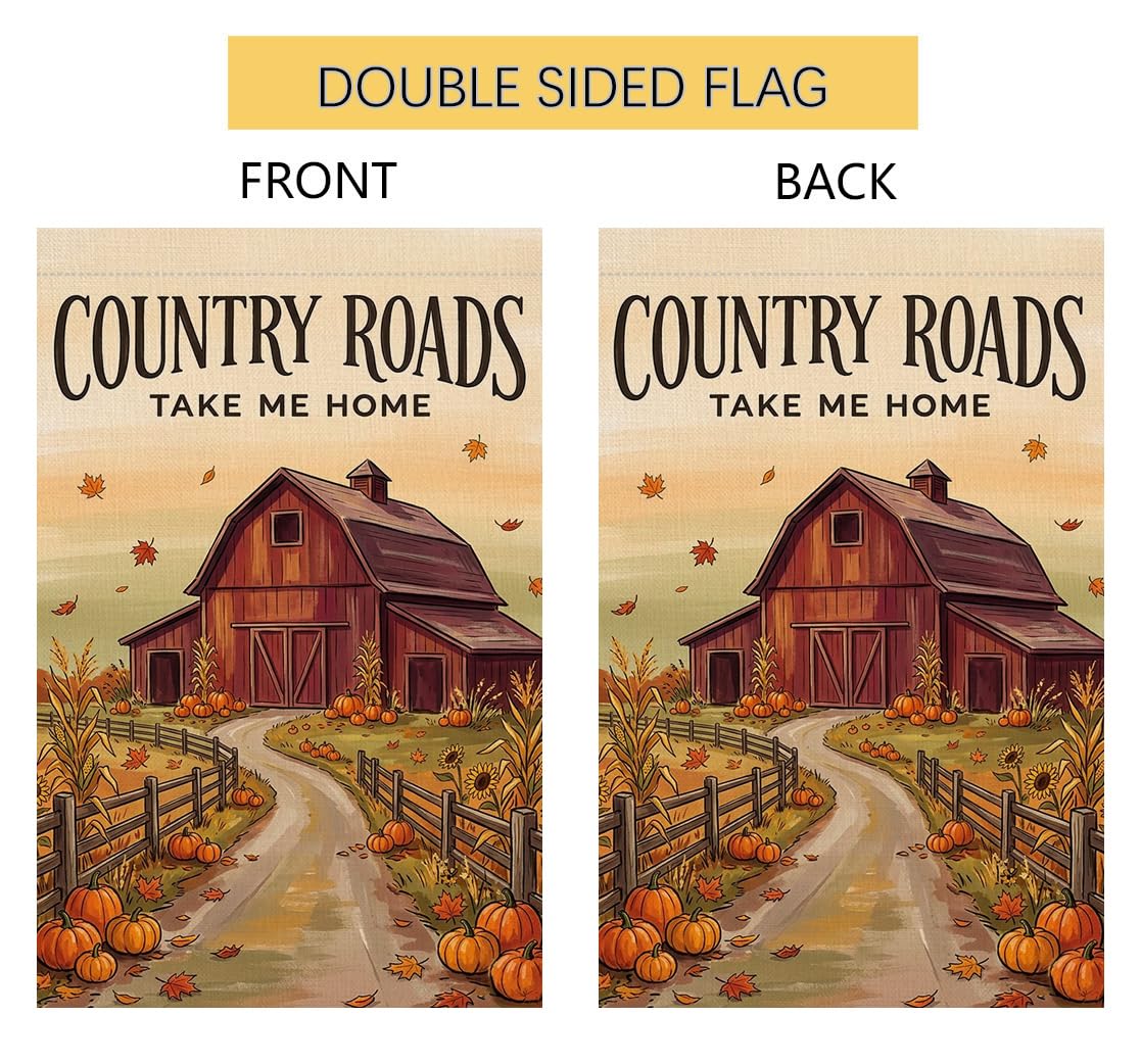 Fall Country Roads Take Me Home Garden Flag 12x18 Red Barn Farm Yard Decor