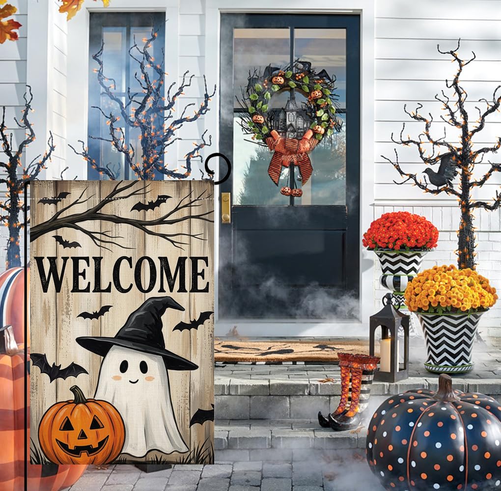 Fall Halloween Welcome Ghost Garden Flag 12x18 Witch Hat Bats Yard Decor