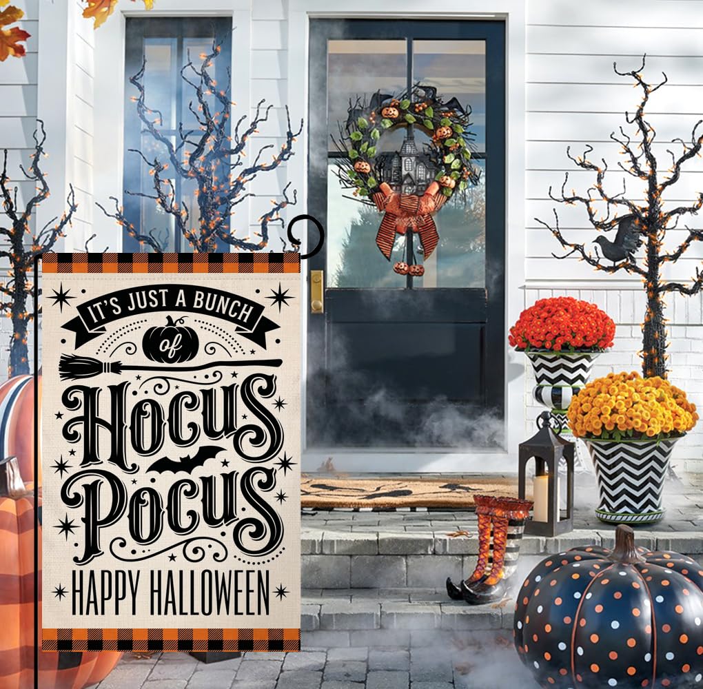 Fall Halloween Hocus Pocus Garden Flag 12x18 Witch Broom Bat Yard Decor