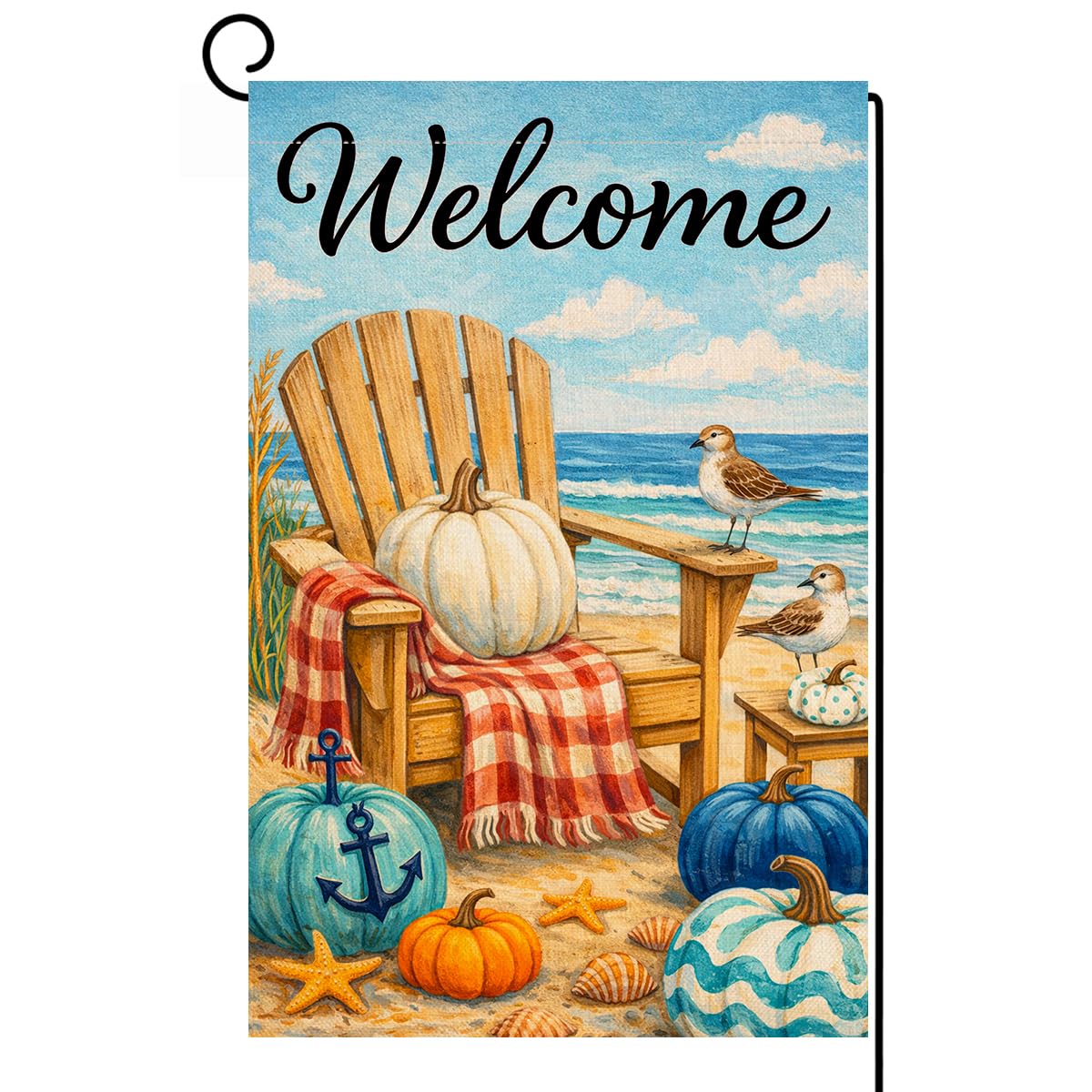 Fall Beach Welcome Pumpkin Garden Flag 12x18 Adirondack Chair Yard Decor