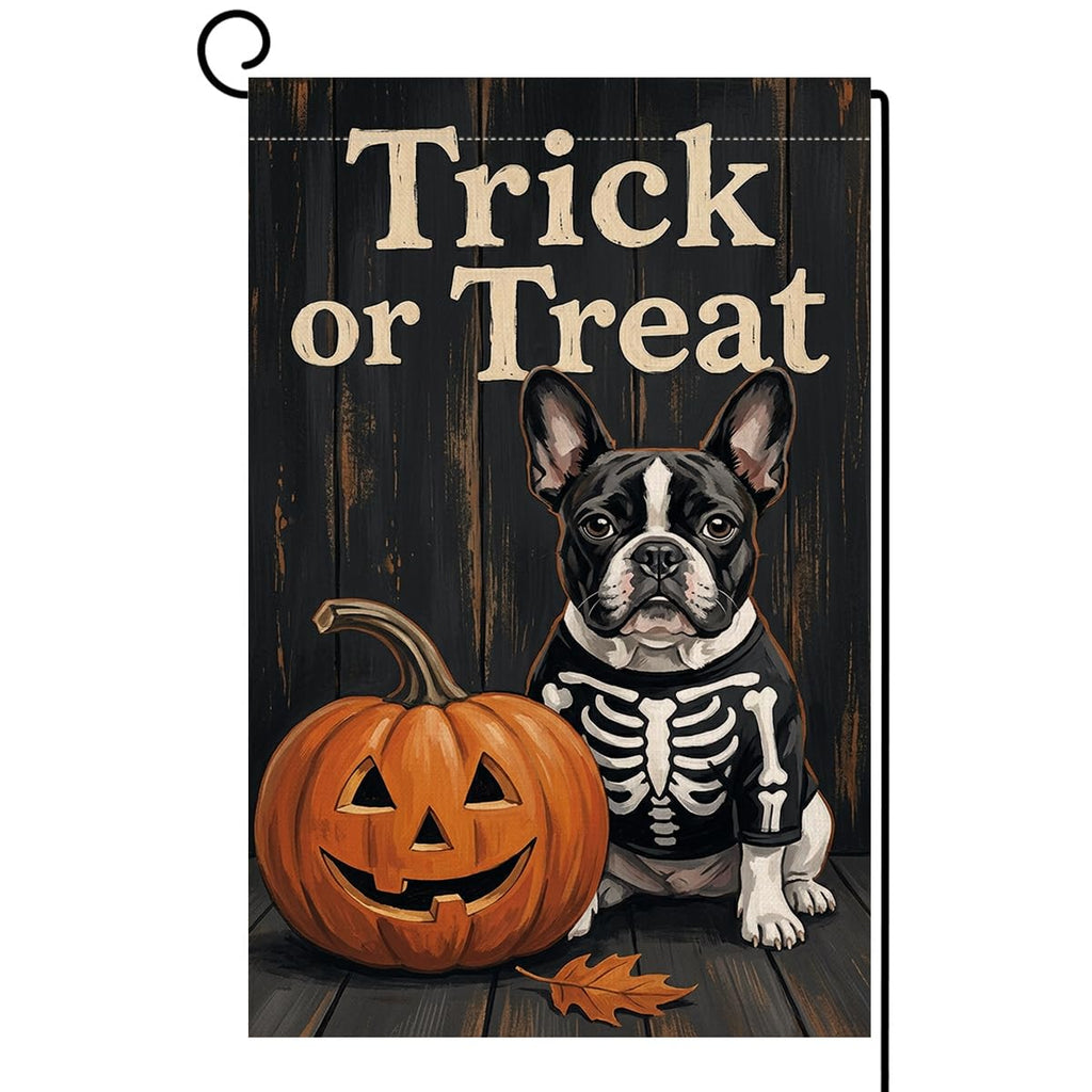 Fall Halloween Trick or Treat Garden Flag 12x18 Skeleton Dog Yard Decor