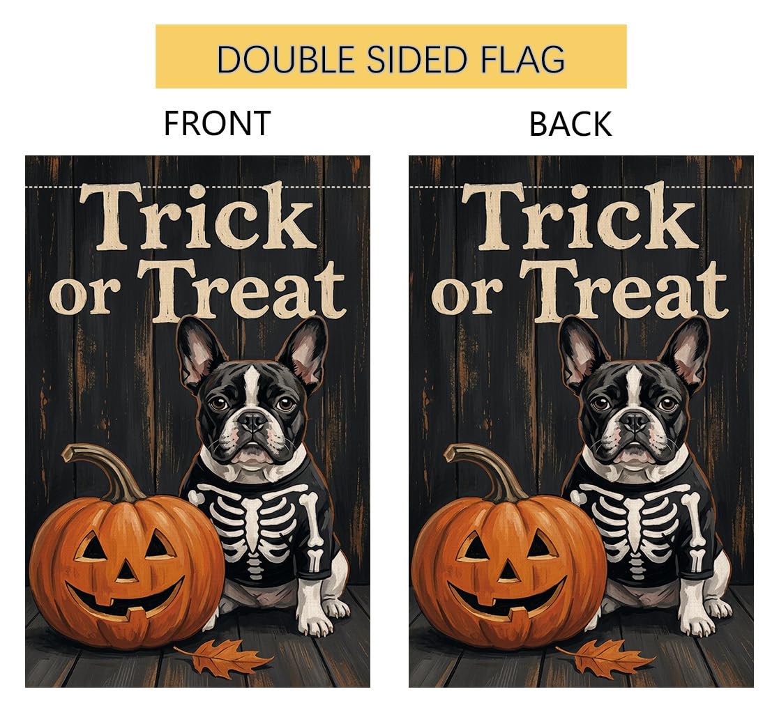 Fall Halloween Trick or Treat Garden Flag 12x18 Skeleton Dog Yard Decor