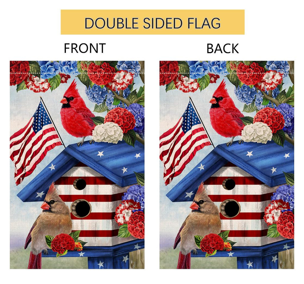 4th of July Cardinal Bird Garden Flag 12x18 Vertical Double Sided Red Blue Floral Memorial Day Independence Day Holiday Outside Decorations Burlap Yard Flag