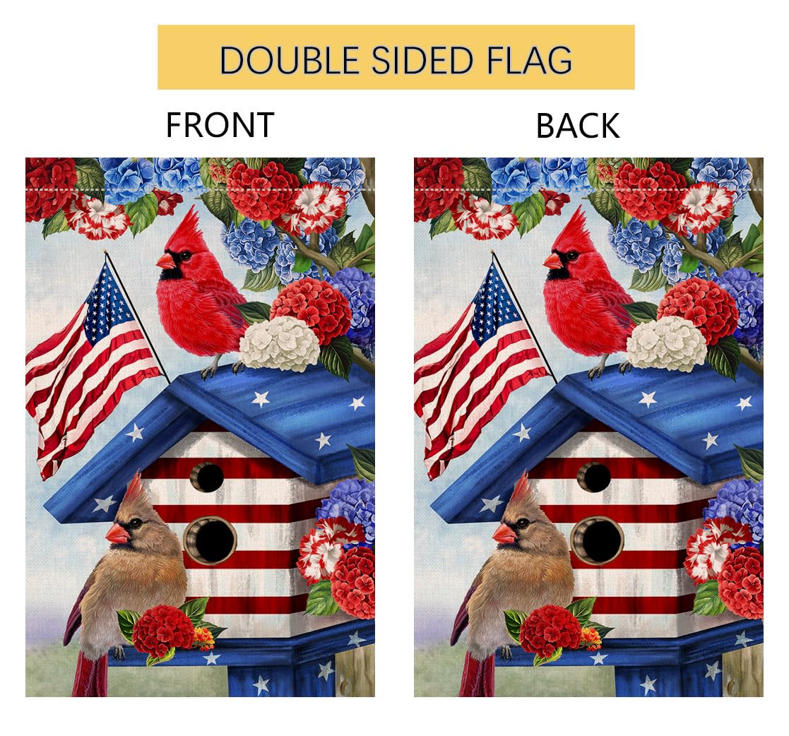 4th of July Cardinal Bird Garden Flag 12x18 Vertical Double Sided Red Blue Floral Memorial Day Independence Day Holiday Outside Decorations Burlap Yard Flag
