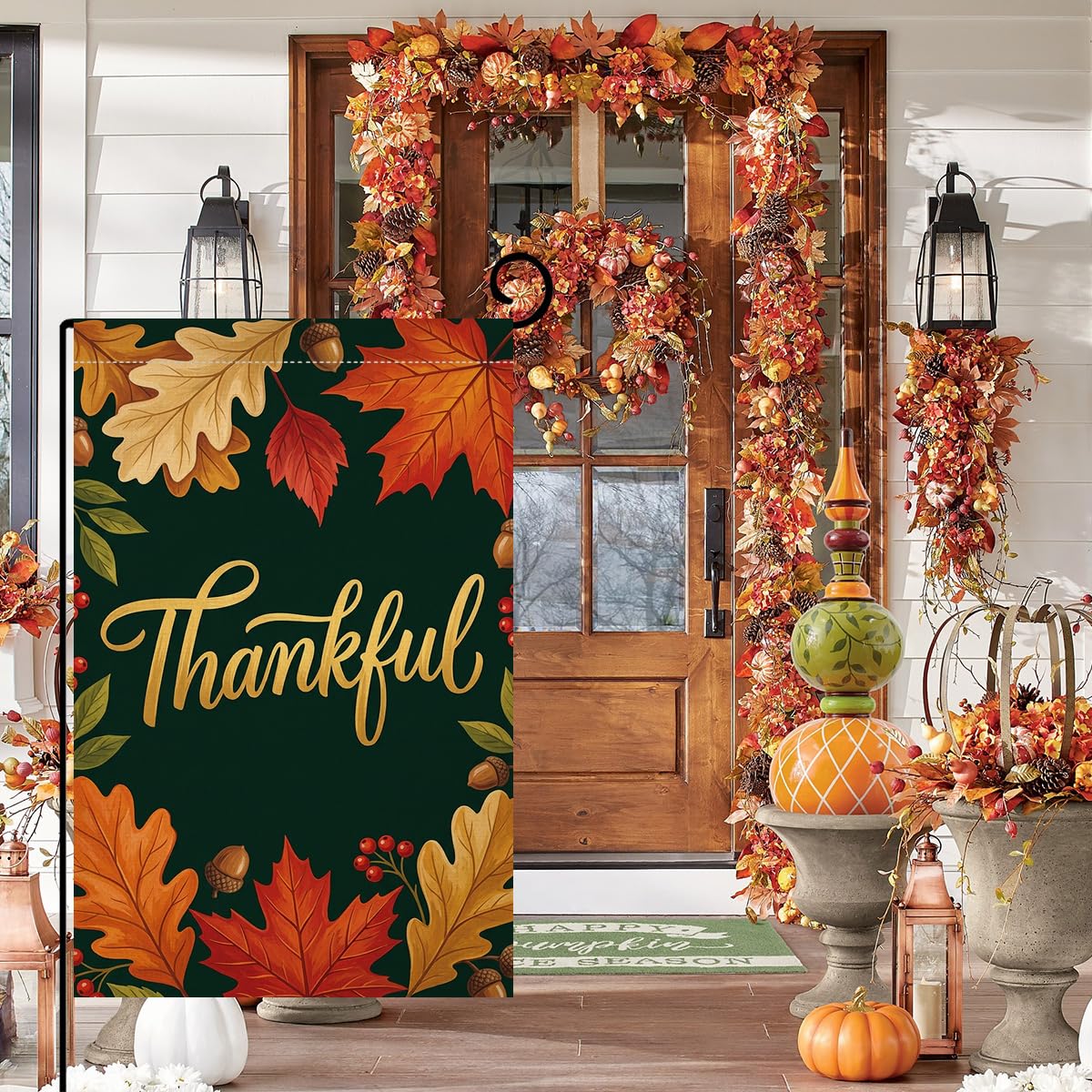 Fall Thanksgiving Thankful Garden Flag 12x18 Maple Leaves Acorns Yard Decor