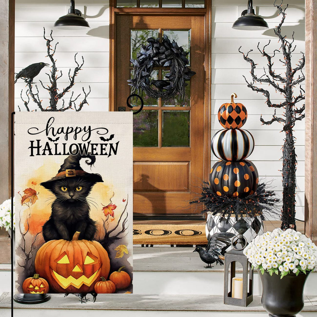 Halloween Cat Garden Flag 12x18 Vertical Double Sided Happy Halloween Pumpkin Holiday Outside Decorations Burlap Yard Flag
