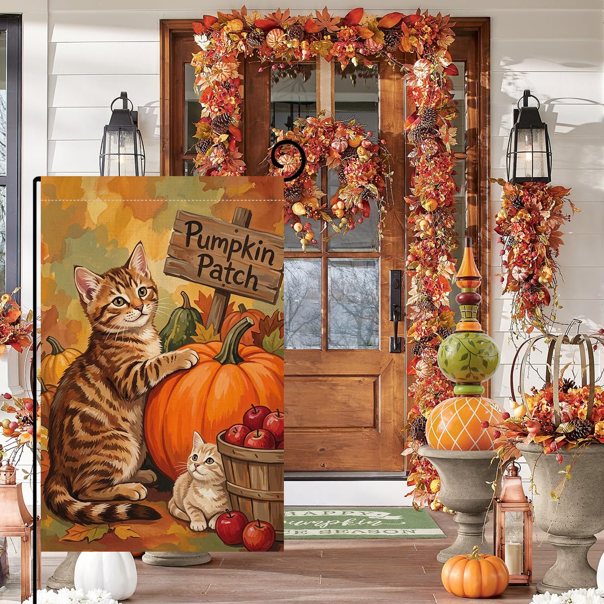 Fall Cat Pumpkin Patch Garden Flag 12x18 Kitten Apple Basket Yard Decor
