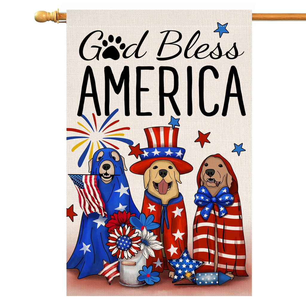 4th of July Dogs Garden Flag 12x18 Vertical Double Sided God Bless America Red Blue Floral Memorial Day Independence Day Holiday Outside Decorations Burlap Yard Flag