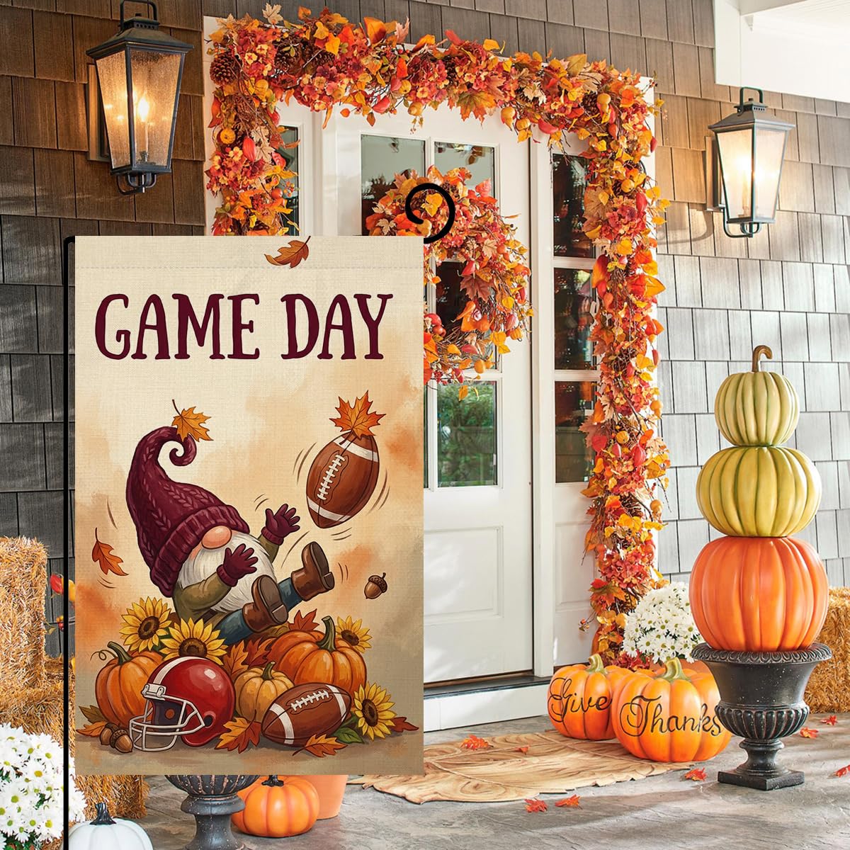 Fall Game Day Football Gnome Garden Flag 12x18 Pumpkin Sunflower Yard Decor