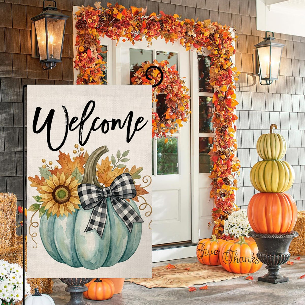 Fall Welcome Teal Pumpkin Garden Flag 12x18 Sunflower Plaid Bow Yard Decor