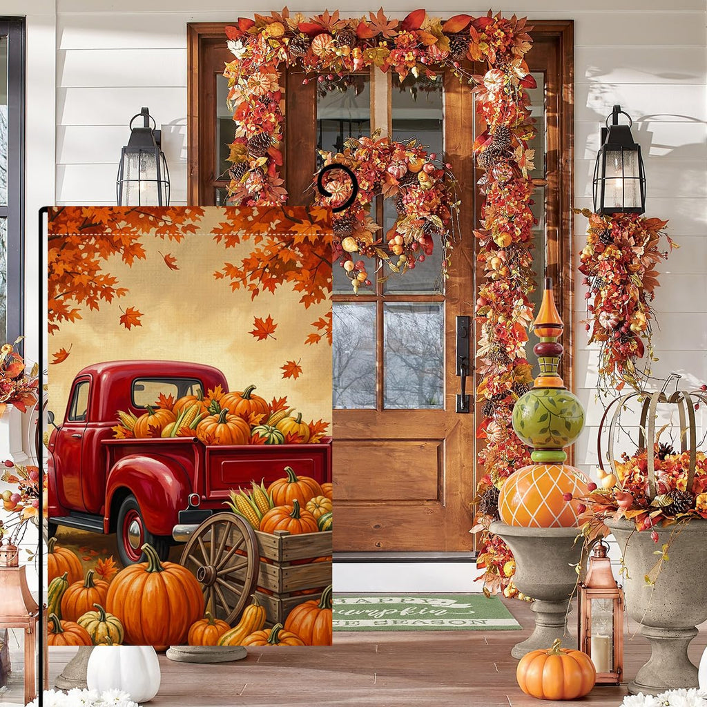Fall Thanksgiving Red Truck Garden Flag 12x18 Pumpkins Corn Yard Decor