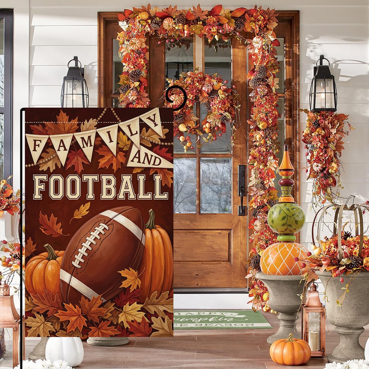 Fall Family and Football Garden Flag 12x18 Pumpkins Maple Leaves Yard Decor