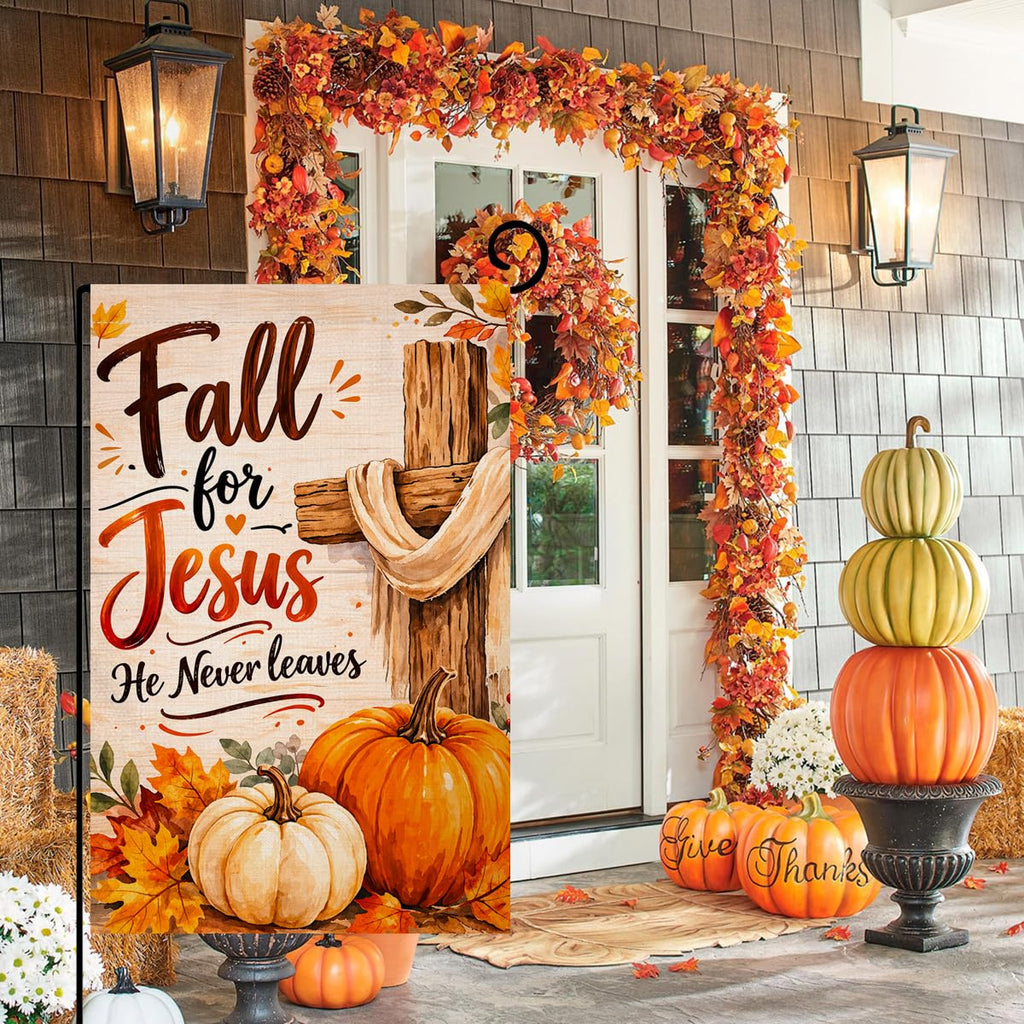 Fall for Jesus He Never Leaves Garden Flag 12x18 Pumpkins Cross Yard Decor