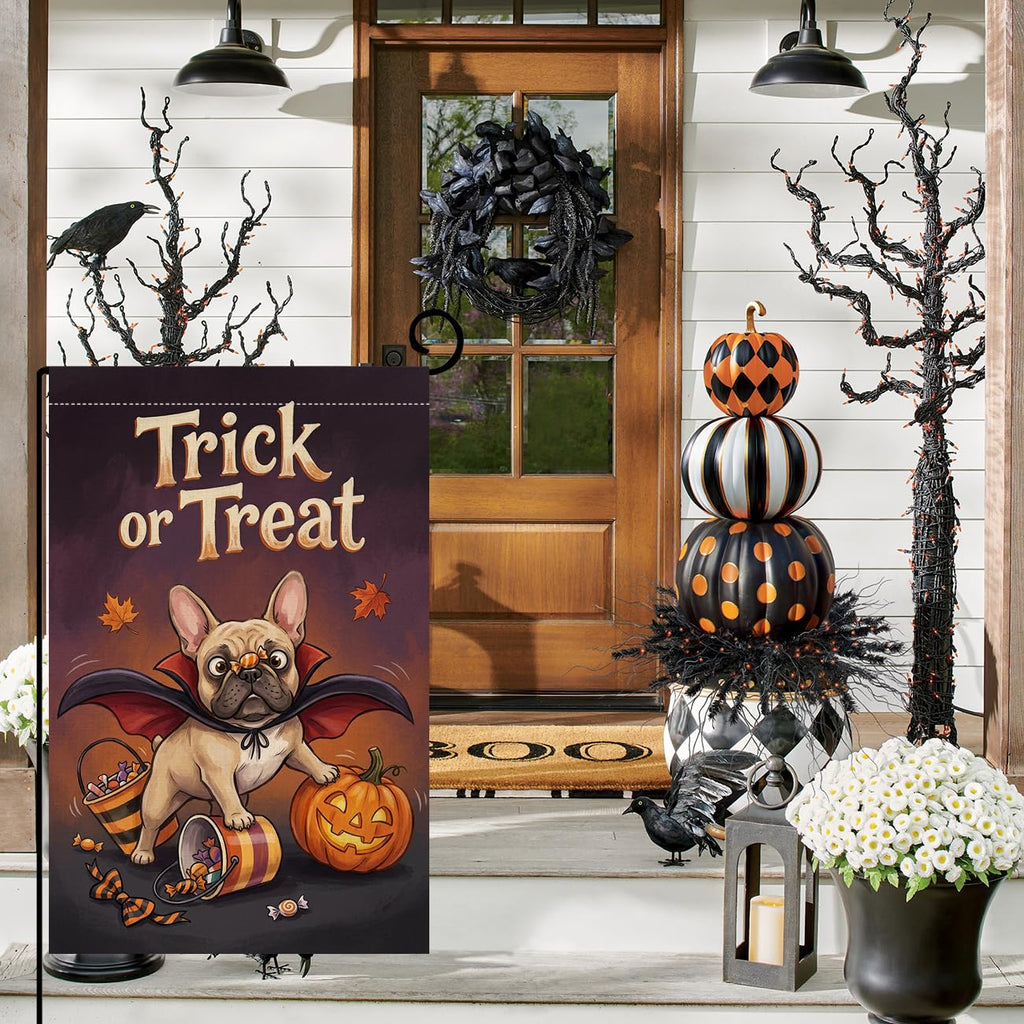 Fall Halloween Trick or Treat Garden Flag 12x18 Vampire Dog Yard Decor