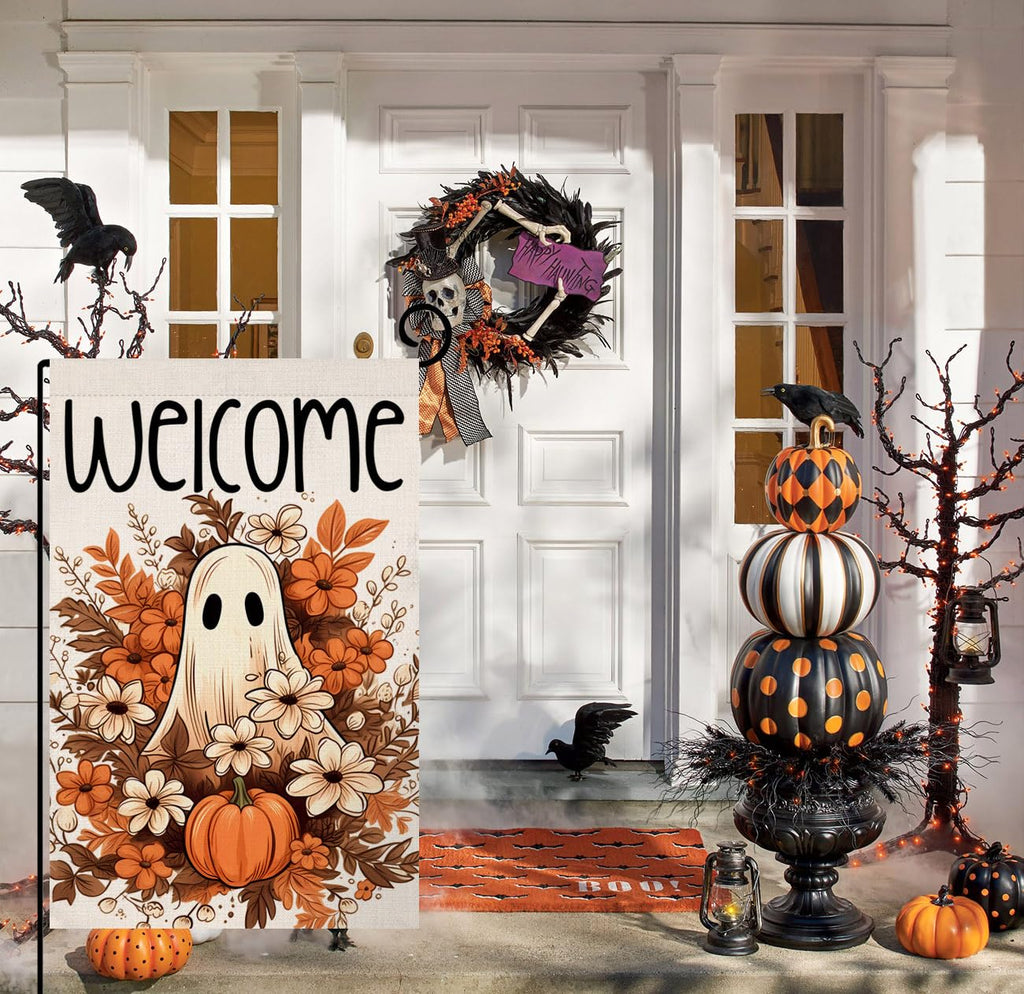 Halloween Ghost Garden Flag 12x18 Vertical Double Sided Spooky Pumpkin Fall Holiday Outside Decorations Burlap Yard Flag