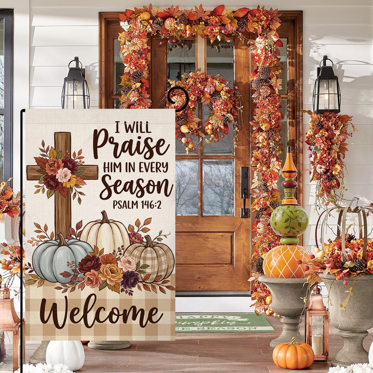 Fall Praise Him in Every Season Garden Flag 12x18 Cross Pumpkins Yard Decor