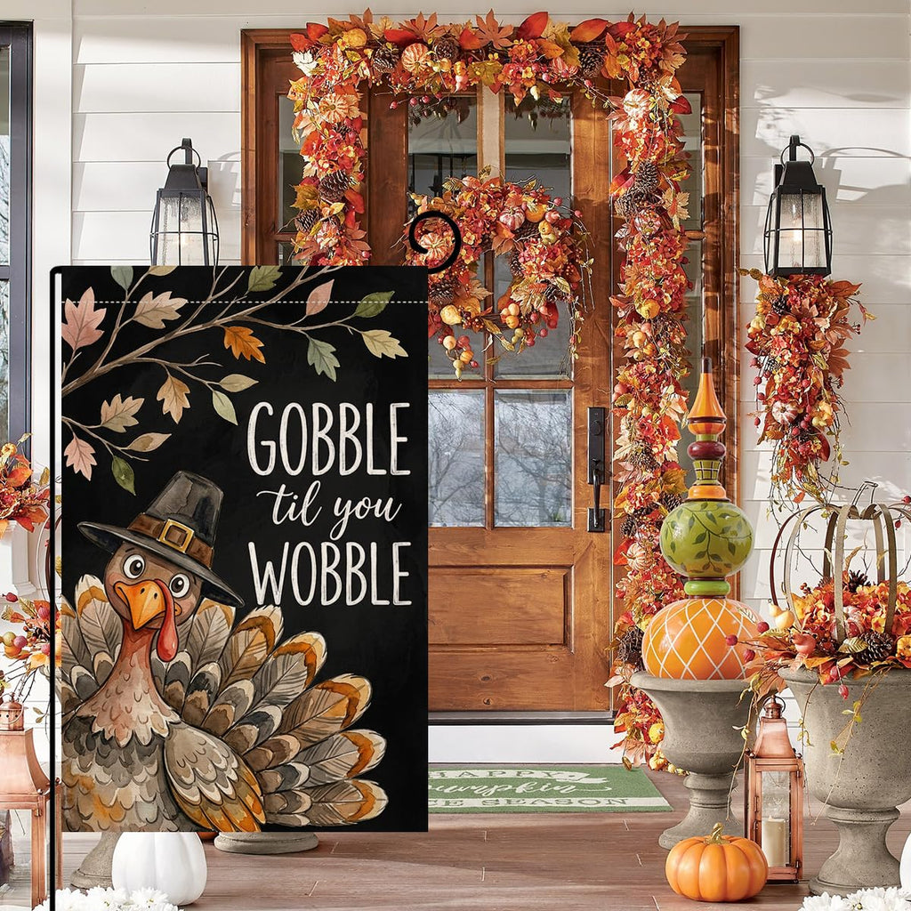 Fall Thanksgiving Gobble til You Wobble Garden Flag 12x18 Turkey Yard Decor