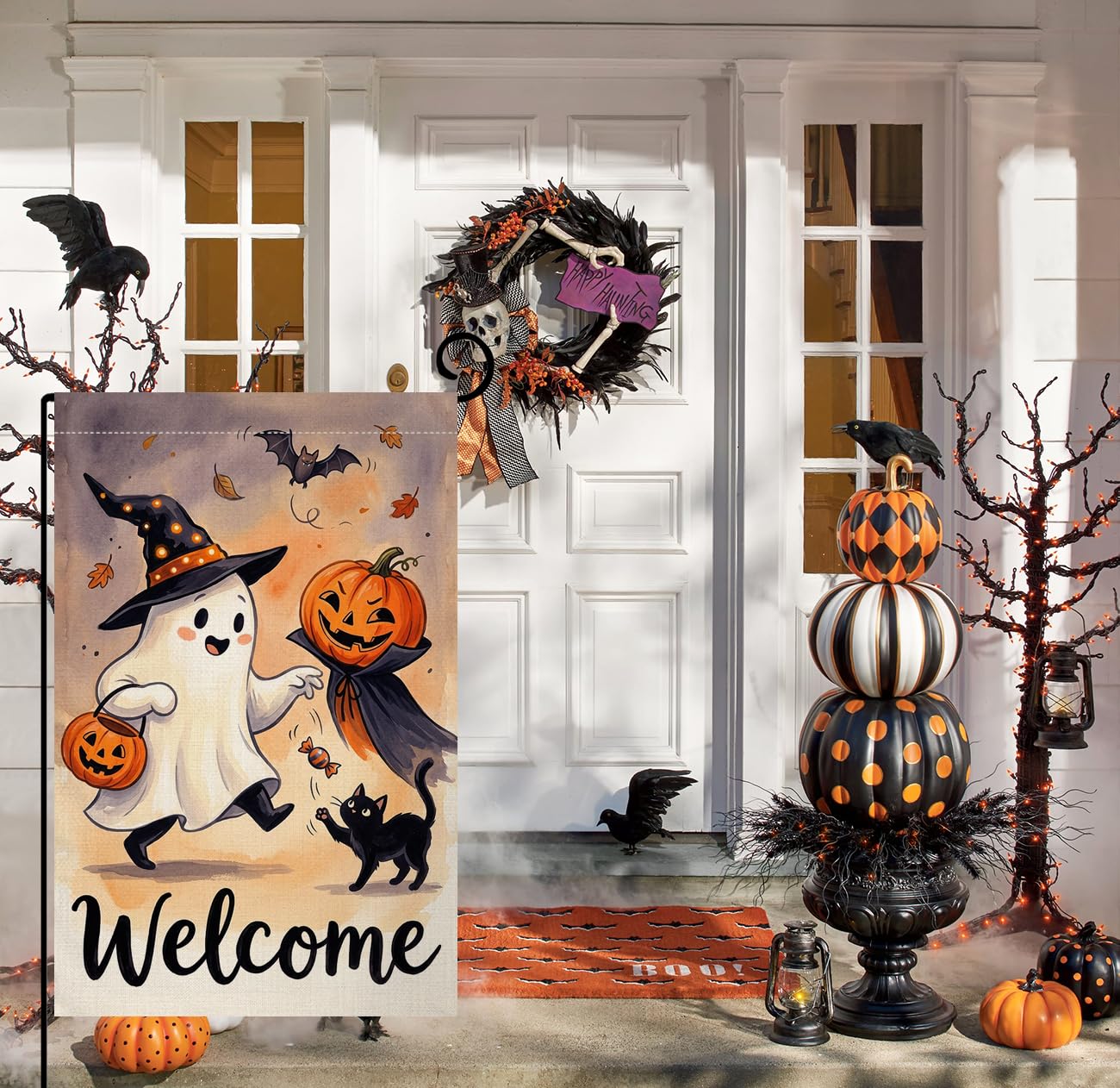 Fall Halloween Welcome Ghost Garden Flag 12x18 Witch Hat Pumpkin Yard Decor